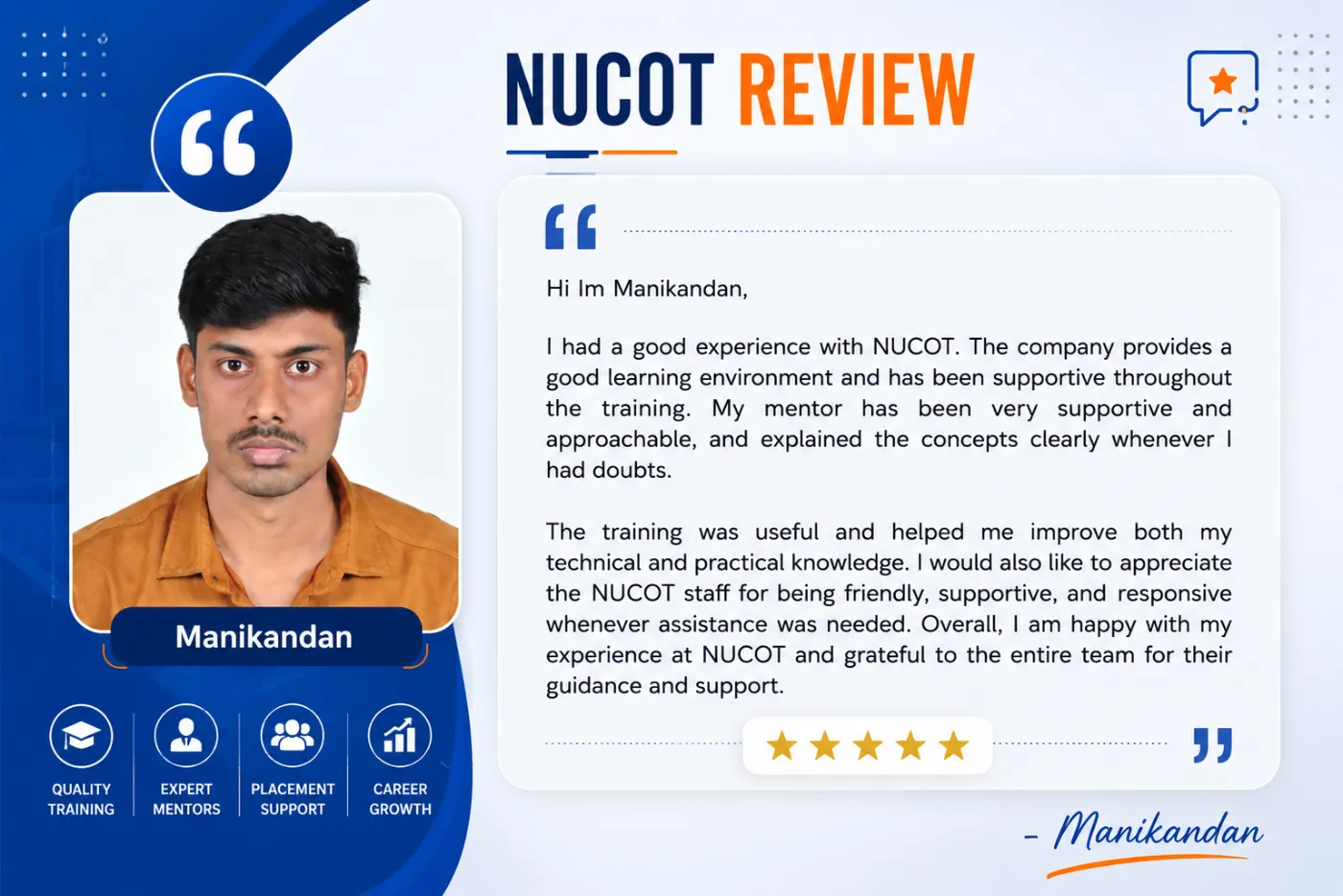 NUCOT Reviews: Manikandan Experience With Training, Mentorship